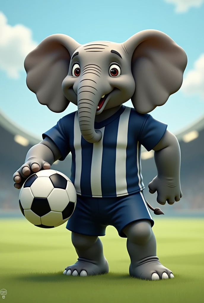 An animated elephant with a warrior look is standing in a dynamic pose like that of a football player. The elephant is holding a soccer ball with one of its paws., and looks ready to kick it or pass it to another player. He is wearing a navy blue sports shirt with white vertical stripes., similar to football shirts. The background of the image is simple, or it could represent a football field. The scene conveys energy and fun, with the elephant showing enthusiasm for the game.