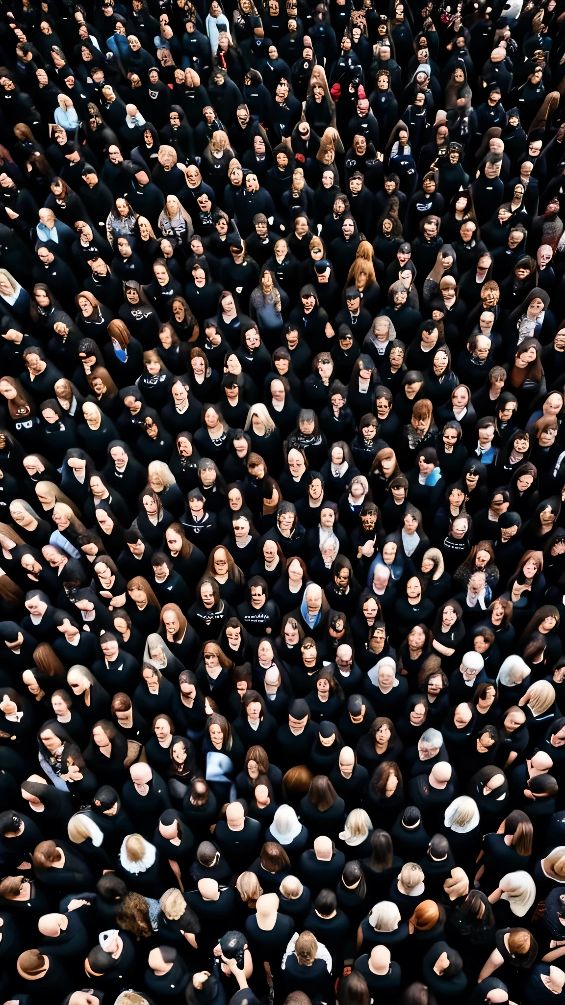 
200 hundred women, all wearing black t-shirts, stands together on a street, holding onto each other. The camera captures the scene from a top-down angle, slowly zooming out while the angle widens to reveal the full extent of the crowd. The shot is taken from a drone, emphasizing the unity and strength of the group.