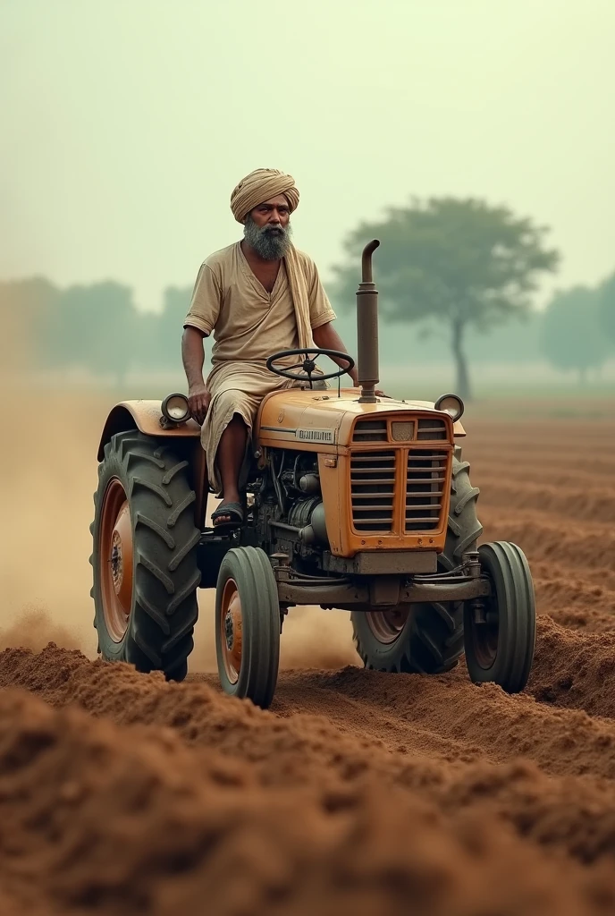 A farmer wearing pagdi and dhoti while tilting the land with riding a tractor with plough.Focus in the subject 