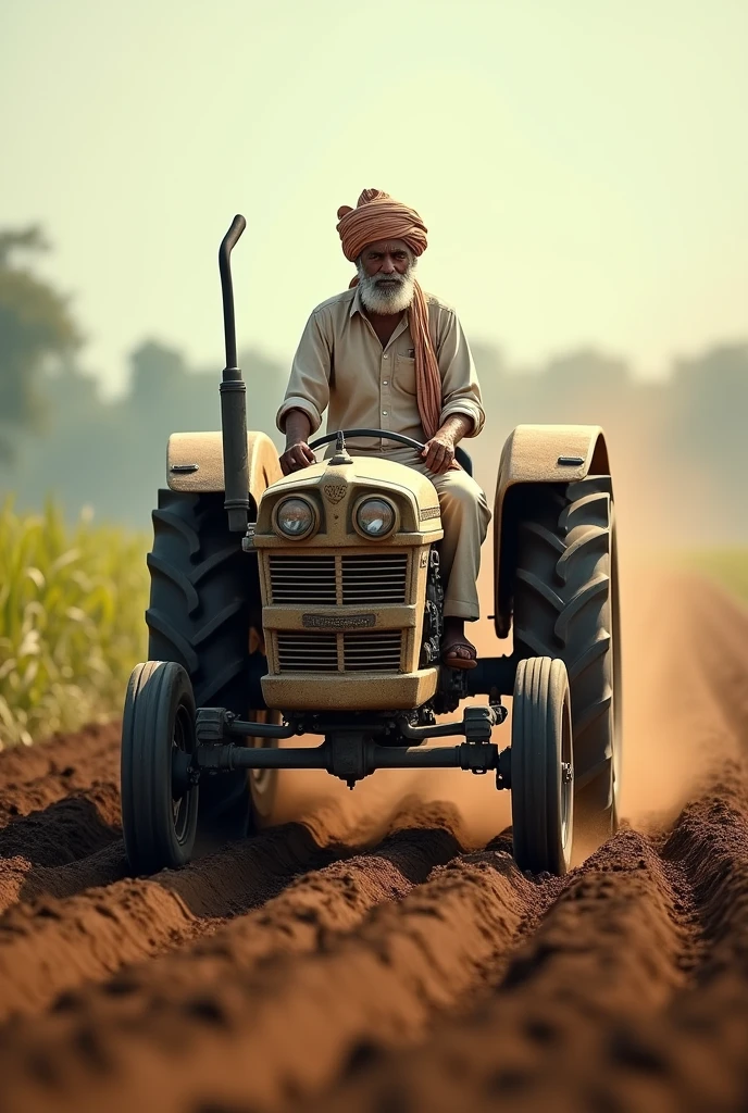 A farmer wearing pagdi and dhoti while tilting the land with riding a tractor with plough.Focus in the subject 