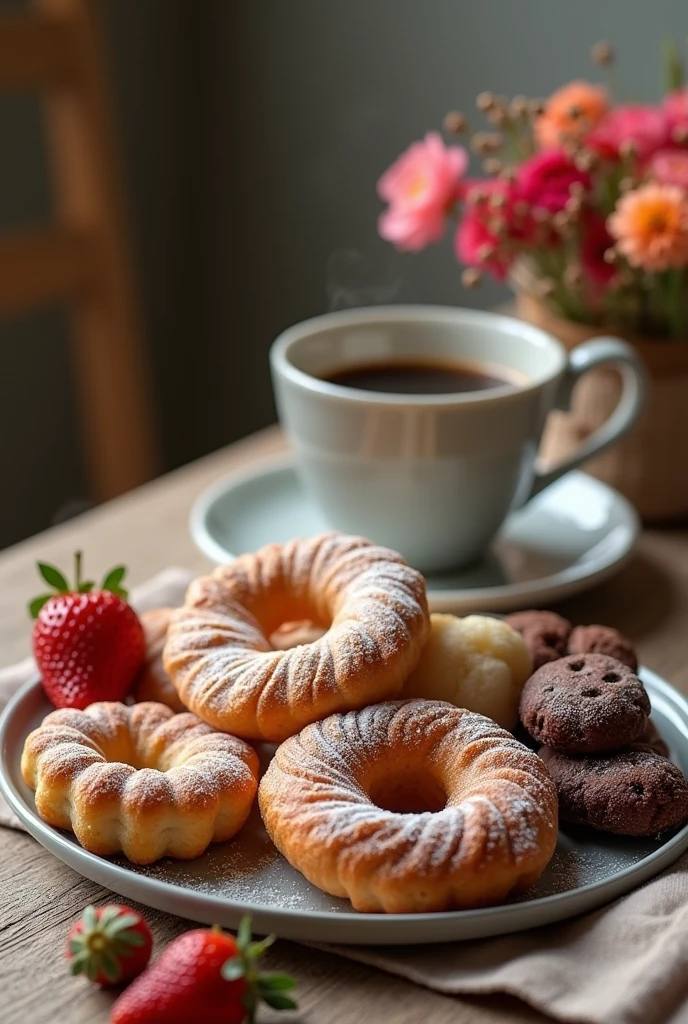 plate of pastries next to a cup of coffee, photo on a wooden table, flowers and strawberries, powdered sugar, donut, Nordic, profile picture, cozy, lots of details --ar 3:5