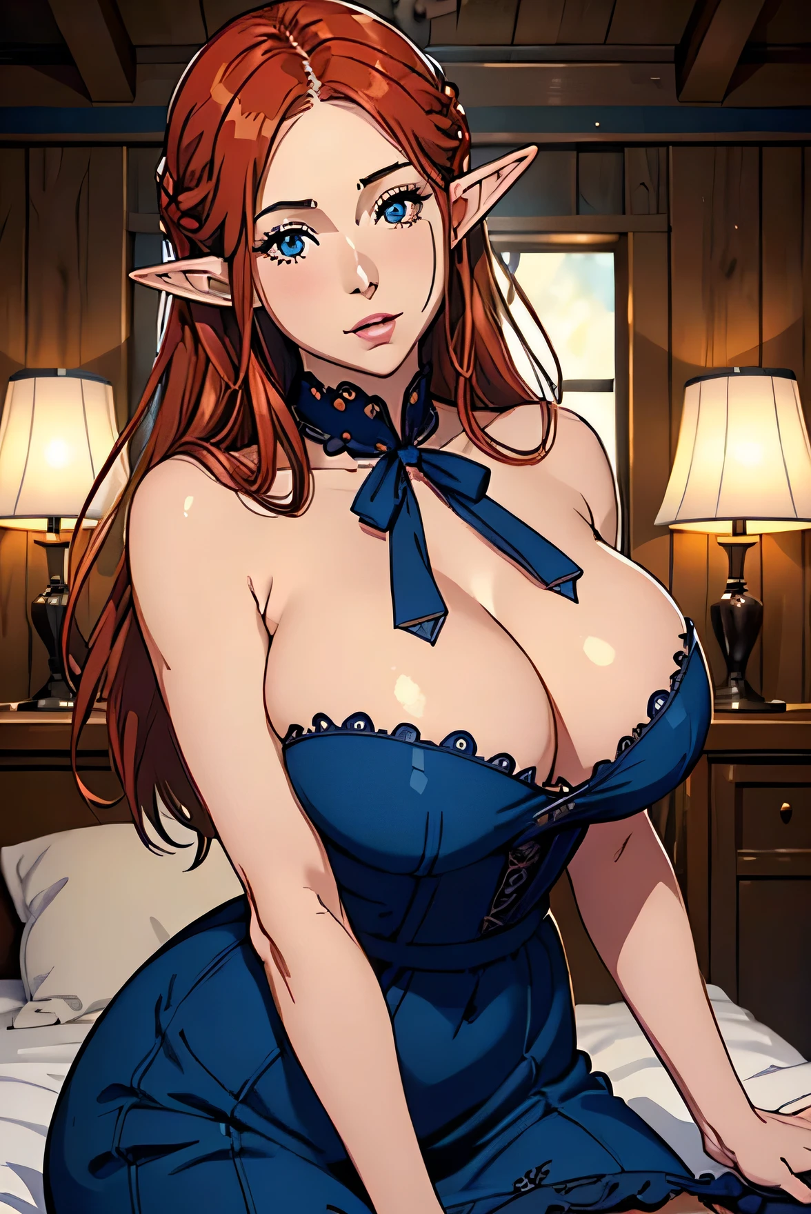 Cute Farmgirl with Braids. ((red haired woman,mature adult woman, Mature MILF face, long hair, pointy ears, elf ear)), Perfectly round face. Beautiful cute face, Big beautiful voluptuous lips, charming beauty, ((gentle expression on your face)), ((Beautiful Big, blue detailed eyes)), Waist slender, Broad Hips ((Dark blue dress with ruffles, mature adult woman, adult milf face, modest dress, very high neckline)) (highy detailed)),offcial art, Award-winning digital painting, digital illustration, extreme detail, 4K, ultra HD, Rococo, polished, intrikate, realistic fantasy art, sharp focus, conceptual artwork, arte por WLOP, artgerm, (2D vector illustration) Lumiere, airy, hourglass figure. ellie bamber
