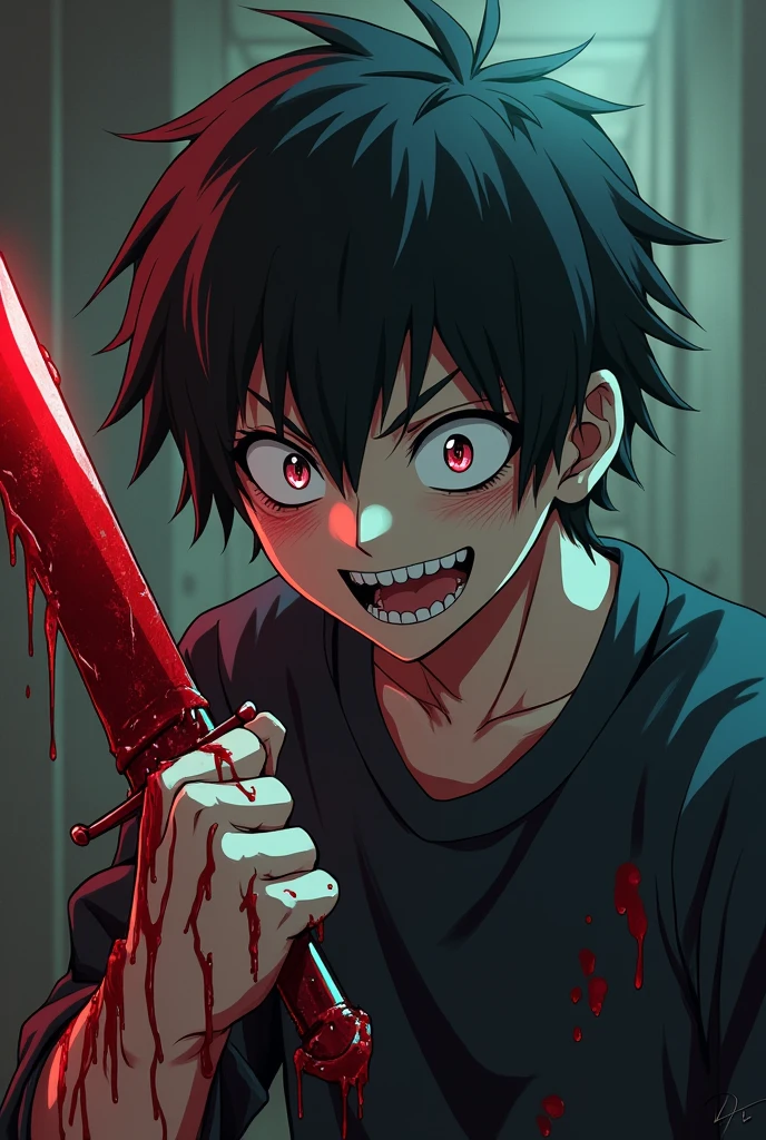 Create for me a killer boy with a blade dripping blood he has his other hand melted he has a frightening smile a bloodthirsty look, the image is anime