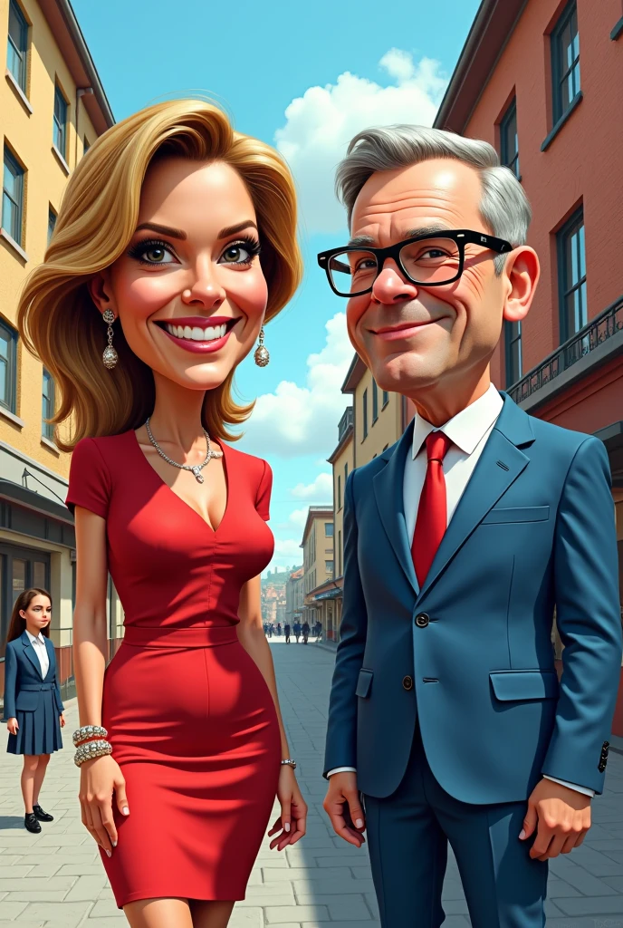 Caricature of a woman (Melissa Theuriau) in a red dress and a man in a blue suit, a caricature by Otto Abt, instagramart, stuckism, Comic-Arzach-Stil, Comic-Digitalkunst, comic artstyle, short Comic-Strip, realistic schoolgirl, Giant Art, Comic Art, Comic-Strip, angela merkel in gta v, a hyperrealistic schoolgirl