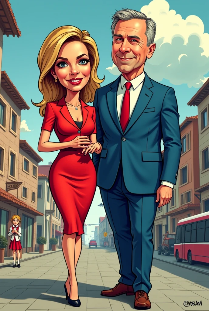 Caricature of a woman (Melissa Theuriau) in a red dress and a man in a blue suit, a caricature by Otto Abt, instagramart, stuckism, Comic-Arzach-Stil, Comic-Digitalkunst, comic artstyle, short Comic-Strip, realistic schoolgirl, Giant Art, Comic Art, Comic-Strip, angela merkel in gta v, a hyperrealistic schoolgirl