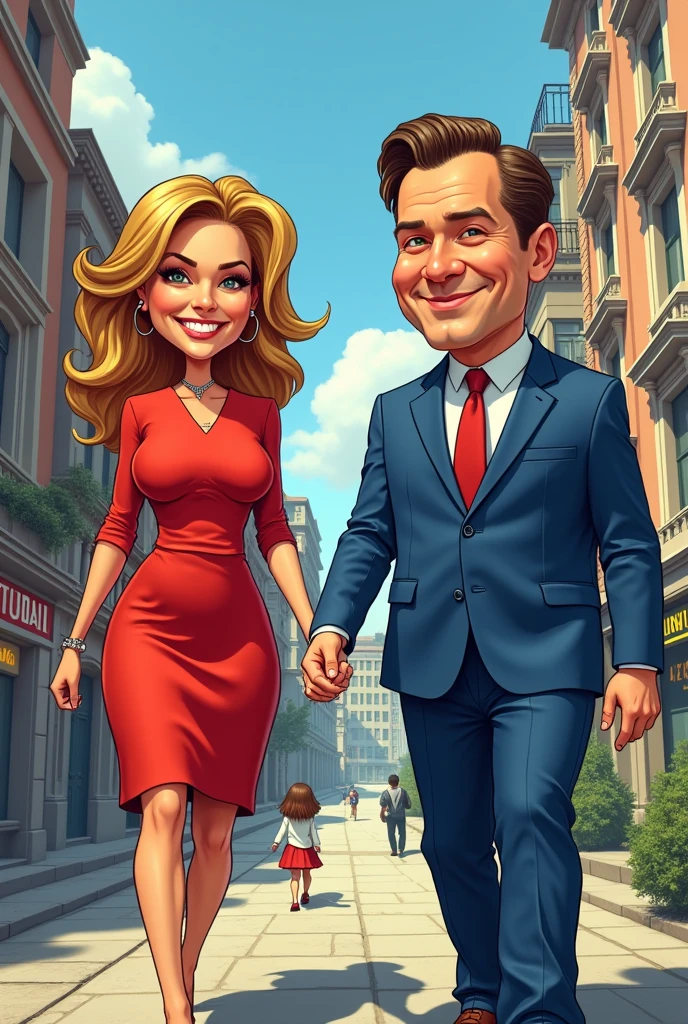 Caricature of a woman (Melissa Theuriau) in a red dress and a man in a blue suit, a caricature by Otto Abt, instagramart, stuckism, Comic-Arzach-Stil, Comic-Digitalkunst, comic artstyle, short Comic-Strip, realistic schoolgirl, Giant Art, Comic Art, Comic-Strip, angela merkel in gta v, a hyperrealistic schoolgirl