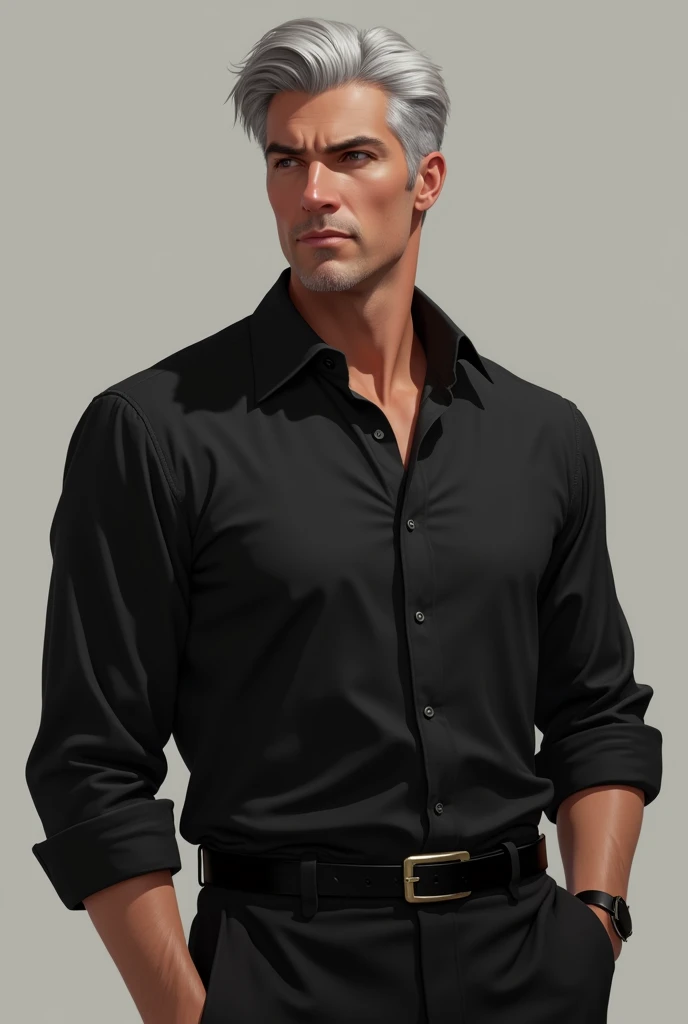 A handsome man, tall, weaeing black shirt, silver hair,
