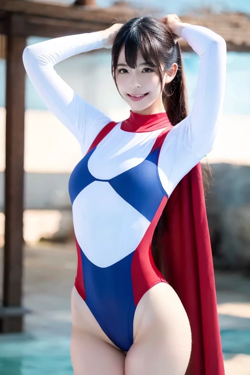 woman, Japanese, whole body, Round face, cute, Big eyes, Black Hair, ponytail, Athletic build, Fair skin, Medium chest, spandex, Red Cape, tight, No sleeve, Blue top with white sides, Upside down white triangle symbol, Belly cutout bodysuit, Red underwear, White thigh-high socks, Red Boots, Short Blue Fingerless, White Shooter Sleeve, Red Domino Mask, Realistic style