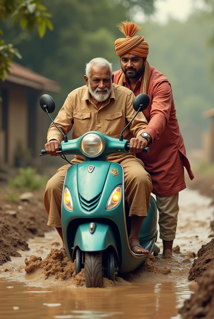 Ek uncle hai jinka scooter kichad mein fas Gaya hai unki help ladka Karta hai piche se vah dhakka de raha hai jismein shaadi ki sherwani pahani hai aur sar per sehra lagaya hai back images