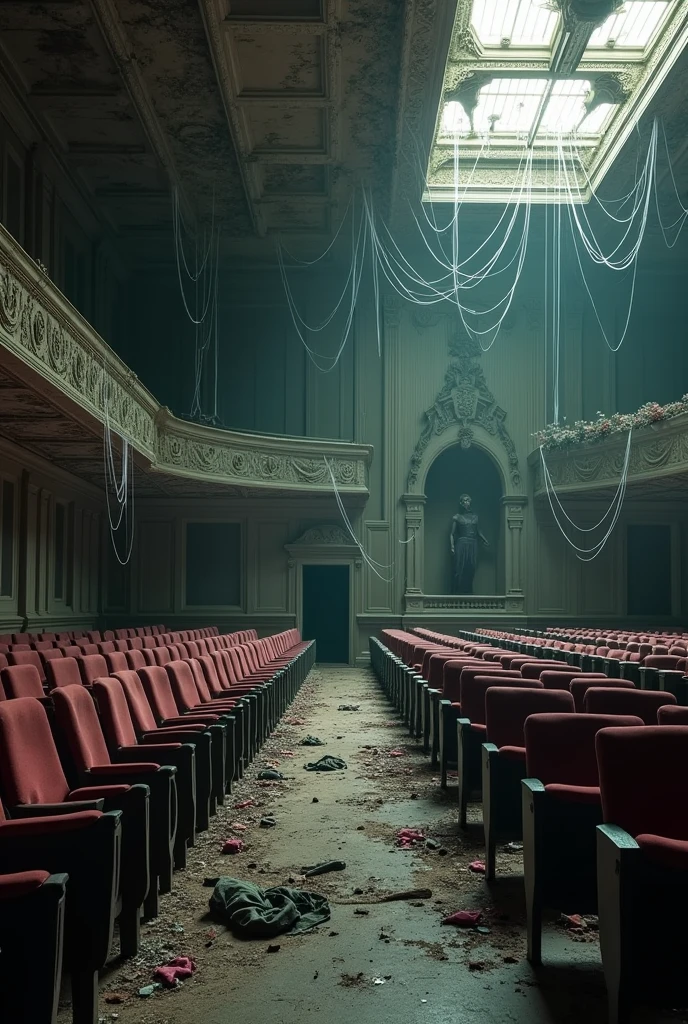 An abandoned theatre with spider webs and in a very precarious and striking state, with broken seats and old clothes thrown on the floor, that it looks post-apocalyptic