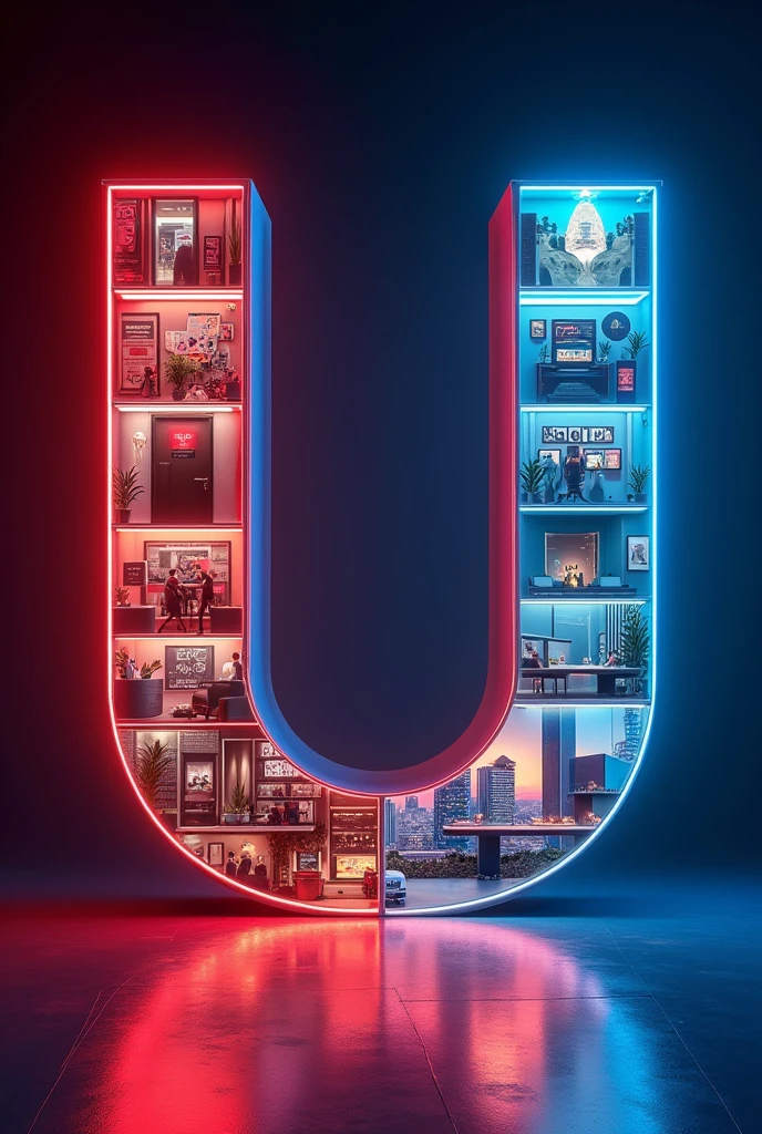 You're describing a unique visual concept where a bold letter "U" is divided into two sections. One section is filled with images related to business management, while the other is filled with images related to hotel management. The background of the image should be with red and blue neon light effect.