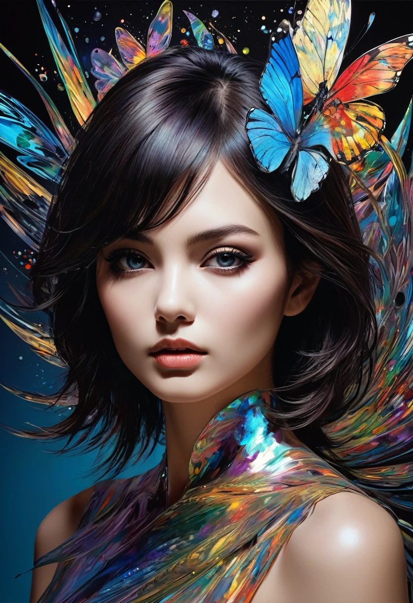 fusion of acrylic and collage dark color paintings, high and fine artwork, cool beauty, looking at viewer, shadows, contrast, conceptual installation art, (ultra detailed, absolutely resolution, best quality:1.3), 2.5D, delicate and dynamic effects, iridescent effects, artistic photography, hyper realistic, graphic CG digital art
