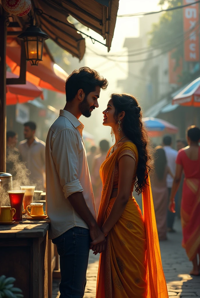 Ajay and Riya standing at the tea stall one last time, looking at each other lovingly. The background shows the tea stall bustling with life, but the focus is on them, representing that their love story continues amidst the chaos of the city.
