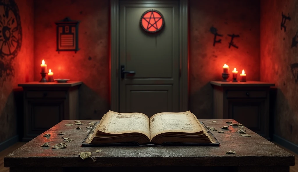 The interior of the cabin with strange symbols drawn on the walls, remains of candles and other ritual items. At the center, an open diary on a dusty old table. Red lighting should give a sinister tone to the environment..