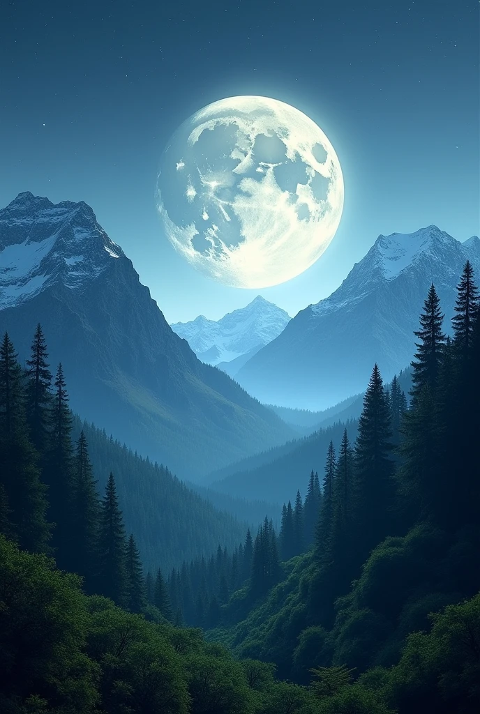 moon between two mountain full of tree