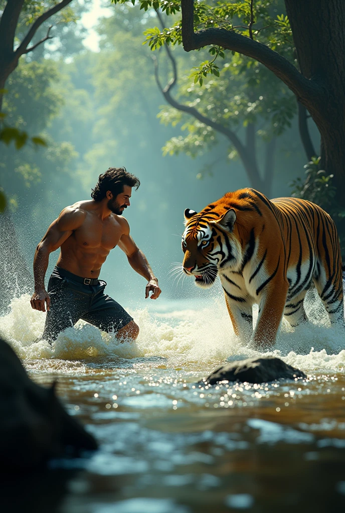 By using letter K generate a ocean and a man (Tiger Shroff) fighting in the river with a tiger animal s or watching it in forest