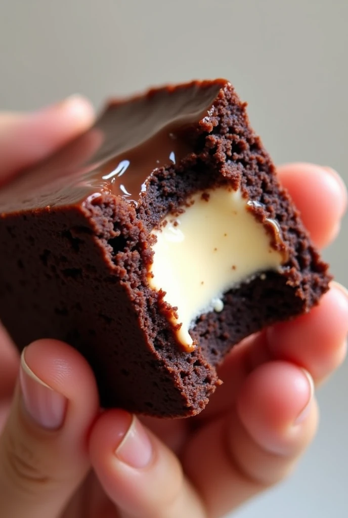 A chocolate brownie with a crispy crust, shiny with a creamy and light cream in the middle of the brownie as if it were in the shape of a sandwich. In the 360 degree view being held with one hand and containing a small bite further emphasizing the cream in the middle