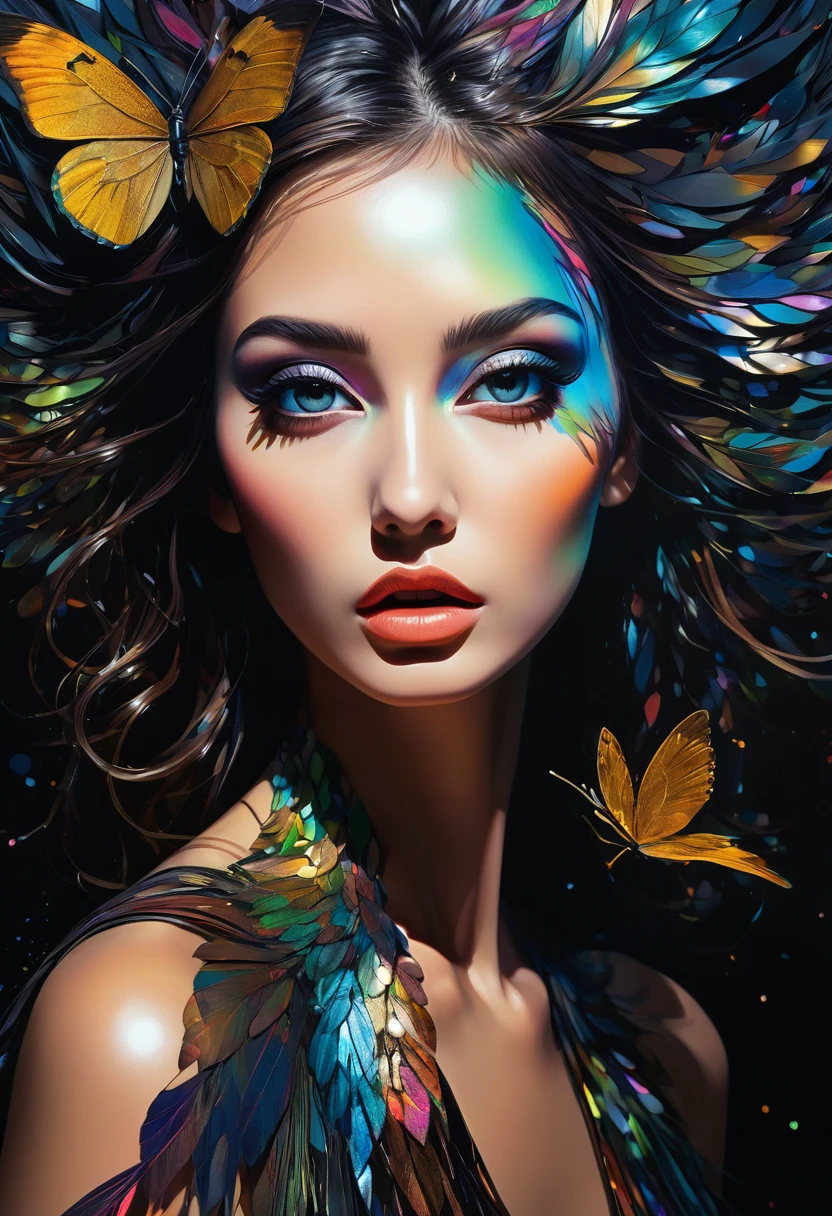 fusion of acrylic and collage dark color paintings, high and fine artwork, cool beauty, looking at viewer, shadows, contrast, conceptual installation art, (ultra detailed, absolutely resolution, best quality:1.3), 2.5D, delicate and dynamic effects, iridescent effects, artistic photography, hyper realistic, graphic CG digital art
