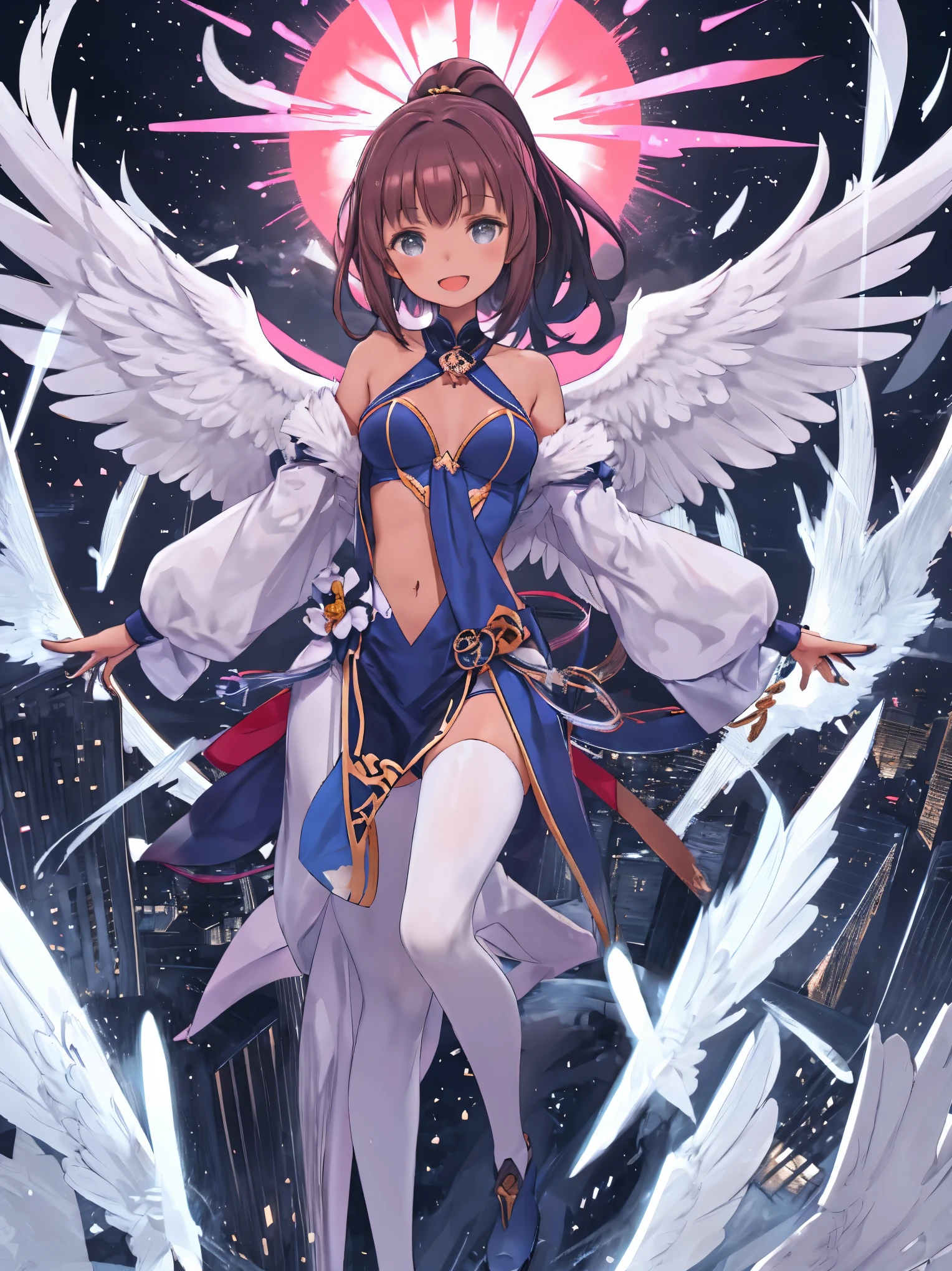 fantasy, 1angel_girl, low_teen, dark_brown_hair,ponytail,long_bangs, (dark_skin)+, bare_shoulder, navel out, thighhighs,silver_shiny_armor, white_wear,waist_armor, Glebe, medium_breasts, dynamic_flying_pose,Floating, (1pair_white_wings:1.2),(pelvic_curtain:1.3), silver_Headgear ,looking_down_at_sunset_city_sky_background,,slightly_spread_legs, ,solo,glare_halo,laugh ,smile,open_mouth,open_legs,open_arms,rise_knee,rise_leg,rise_thigh,rise_leg,forward_leaning_posture,apart_legs,trying_to_hug_viewer