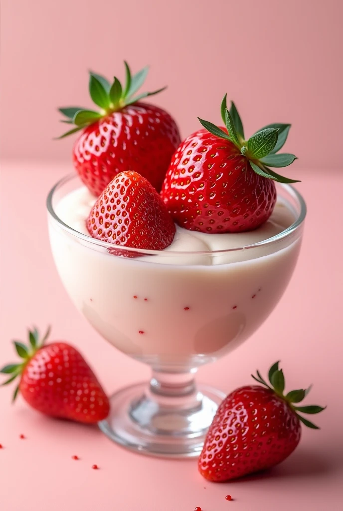 Strawberries with cream in a glass 


