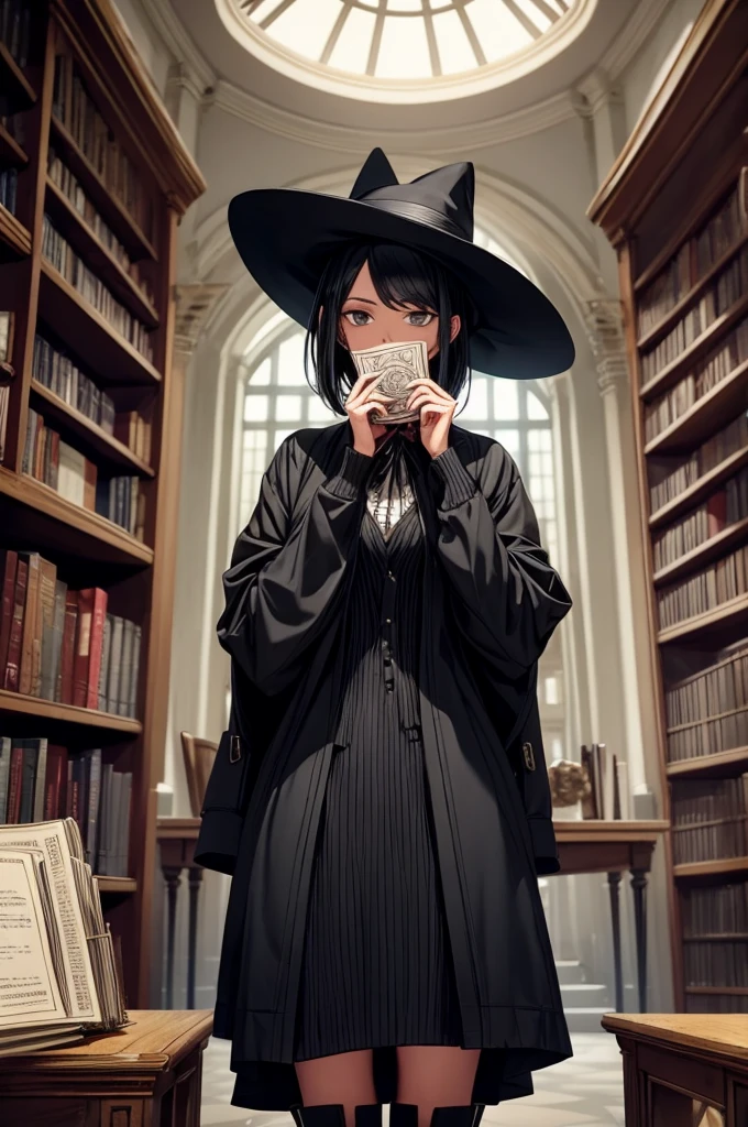 A woman reading a grimoire in a fantastic library, Black Hat, Black Boots, Black Long Cardigan, White dress, Black hair, Short bob