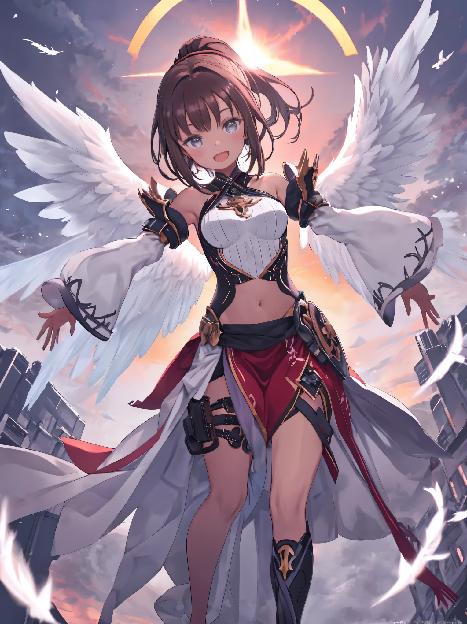 fantasy, 1angel_girl, low_teen, dark_brown_hair,ponytail,long_bangs, (dark_skin)+, bare_shoulder, navel out, thighhighs,silver_shiny_armor, white_wear,waist_armor, Glebe, medium_breasts, dynamic_flying_pose,Floating, (1pair_white_wings:1.2),(pelvic_curtain:1.3), silver_Headgear ,looking_down_at_sunset_city_sky_background,,slightly_spread_legs, ,solo,glare_halo,laugh ,smile,open_mouth,open_legs,open_arms,rise_knee,rise_leg,rise_thigh,rise_leg,forward_leaning_posture,apart_legs,trying_to_hug_viewer