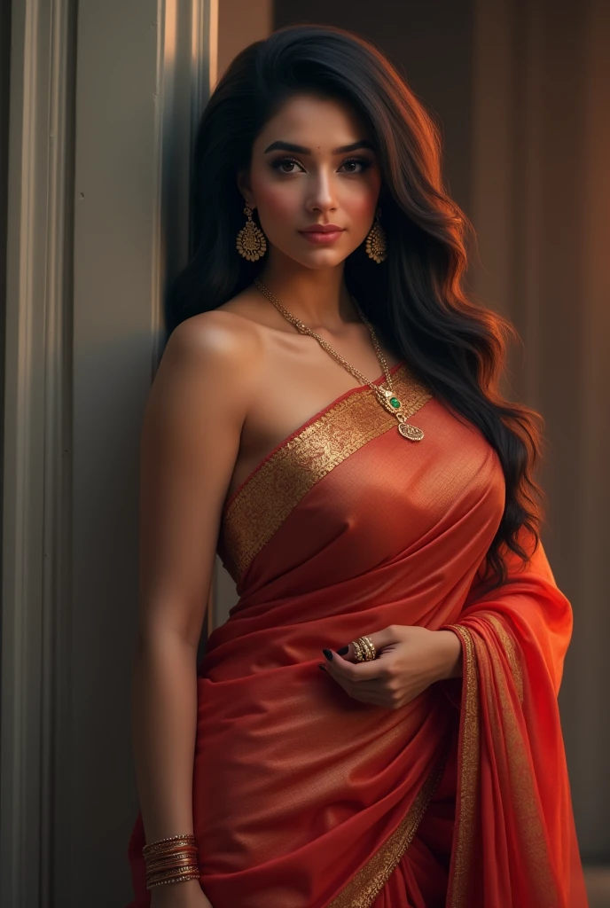 Indian nude bhabhi saree on her west big_boobies, full_body, sexcy belly, long hair