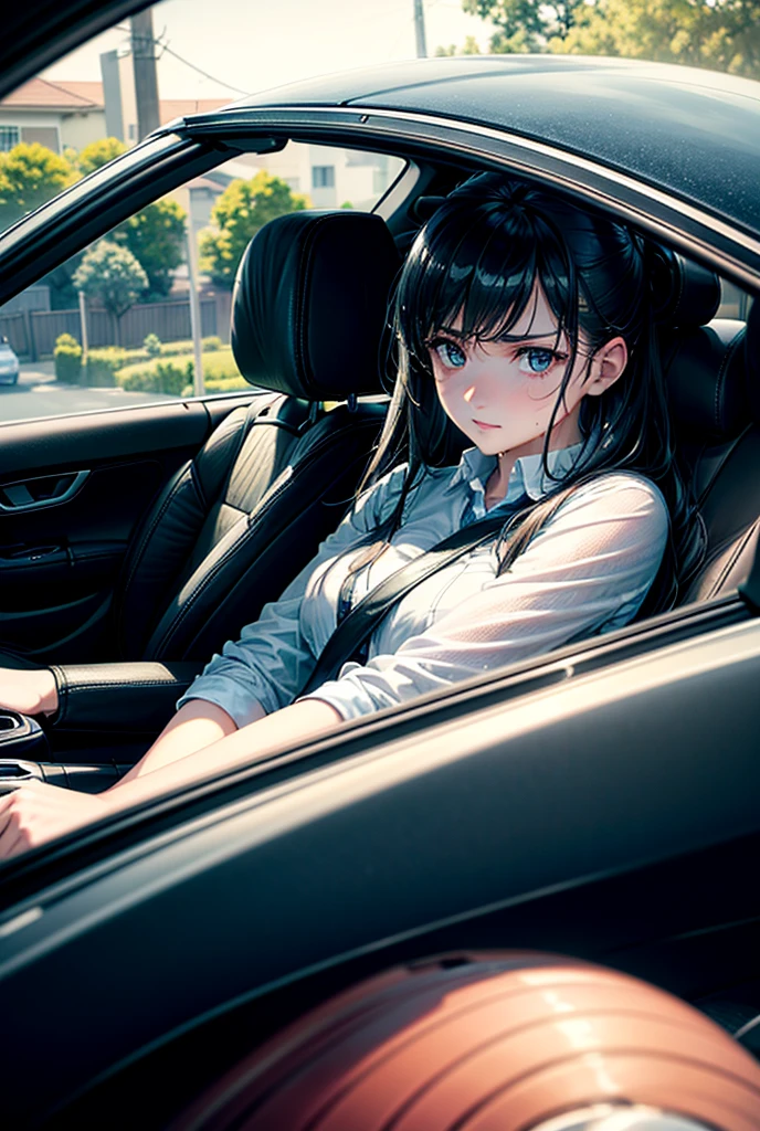 A young woman is driving a car for the first time after obtaining her driver’s license. She appears nervous, with a serious and focused expression on her face. Her hands are gripping the steering wheel tightly, and her eyes are fixed on the road ahead. The interior of the car is modern, and the dashboard is visible with some sunlight filtering through the windshield. Outside the car, a quiet suburban neighborhood with trees and houses can be seen. The overall mood is tense but determined, capturing the intensity of her concentration as she carefully navigates the road, (masterpiece:1.4), (ultra detailed:1.4), (extremely detailed CG:1.4), (Shiny glossy wet hair:1.4), (super fine illustration:1.4), full lip gloss,