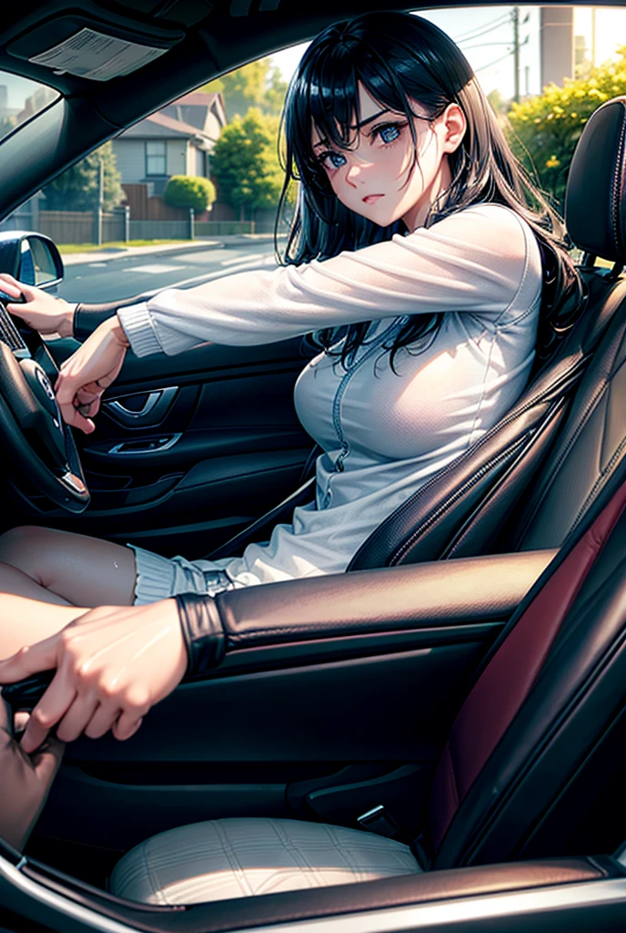 A young woman is driving a car for the first time after obtaining her driver’s license. She appears nervous, with a serious and focused expression on her face. Her hands are gripping the steering wheel tightly, and her eyes are fixed on the road ahead. The interior of the car is modern, and the dashboard is visible with some sunlight filtering through the windshield. Outside the car, a quiet suburban neighborhood with trees and houses can be seen. The overall mood is tense but determined, capturing the intensity of her concentration as she carefully navigates the road, (masterpiece:1.4), (ultra detailed:1.4), (extremely detailed CG:1.4), (Shiny glossy wet hair:1.4), (super fine illustration:1.4), full lip gloss,  