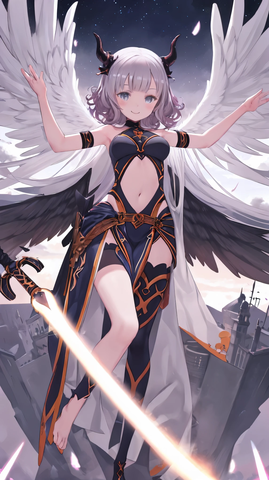 fantasy, 1girl, low_teen, blond_hair,long_bangs, bare_shoulder, navel out, thighhighs,black_armor, red_clothes,waist_armor, Glebe, hold_sword, medium_breasts, dynamic_flying_pose,Floating, (1pair_black_wings:1.2),(pelvic_curtain:1.3), Headgear ,looking_down_city,sunset_city_sky_background,,slightly_spread_legs,some_swords_floating_around_the_girl,solo,light_smile,open_mouth,open_legs,open_arms,rise_knee,rise_leg,rise_thigh,rise_leg,forward_leaning_posture,apart_legs,