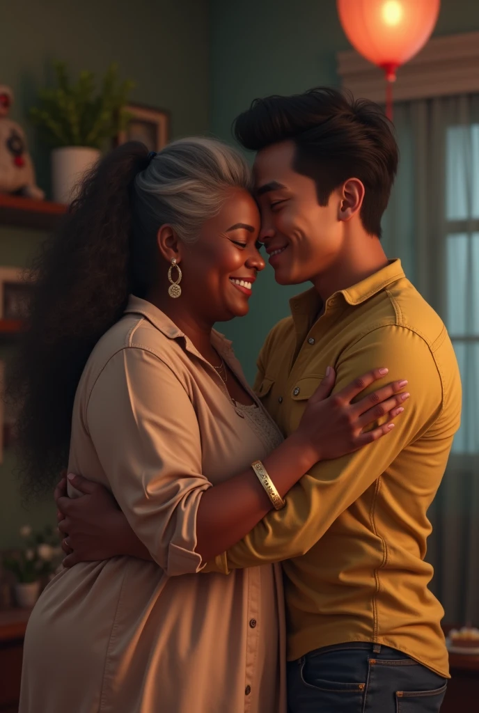 Asian boy with perfect features and a good body hugging an ugly black woman who is having a birthday
