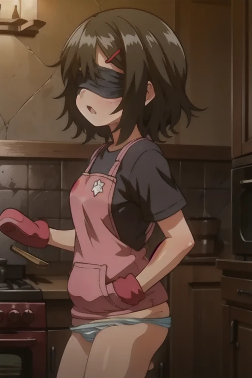 girl in a panty, wearing oven mittens tucked in pockets, blindfold