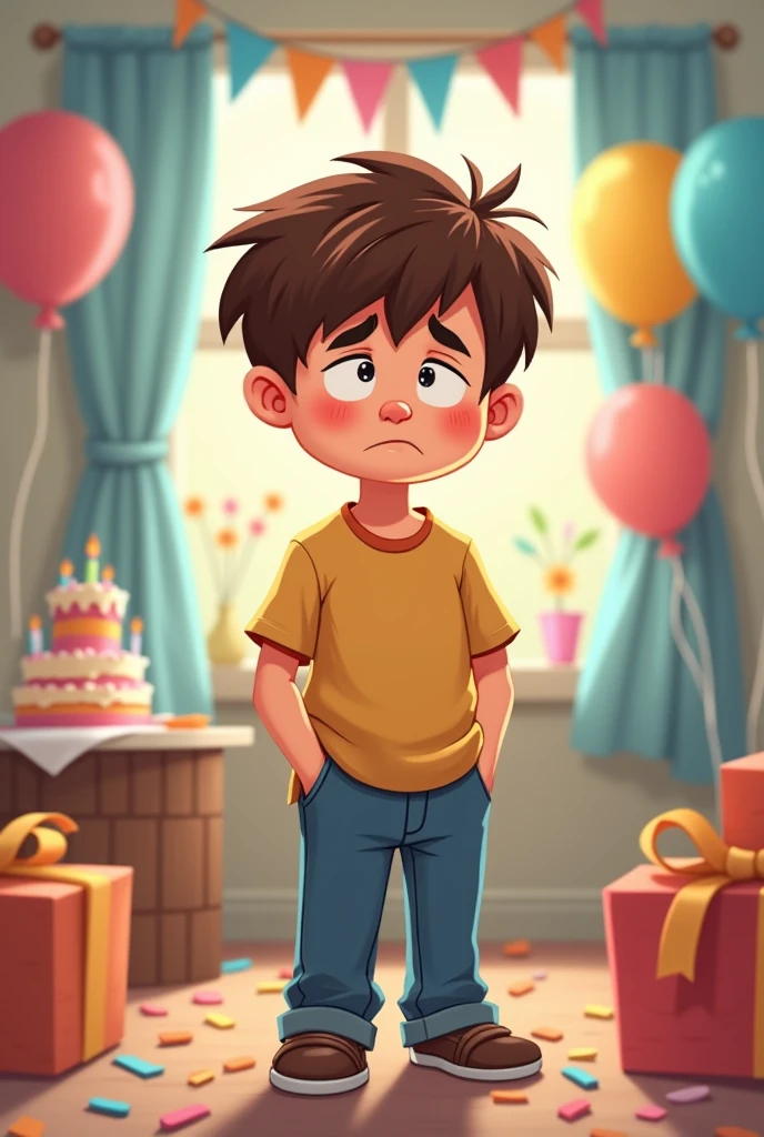 Cartoon of poor brown-haired boy disappointed by his gifts at his birthday party