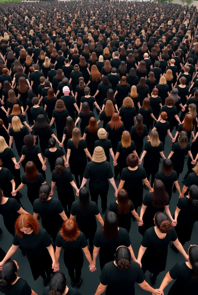 200 women standing by each other, holdinh hands. top camera angle looking down to the 200 women. all wearing black t-shirt