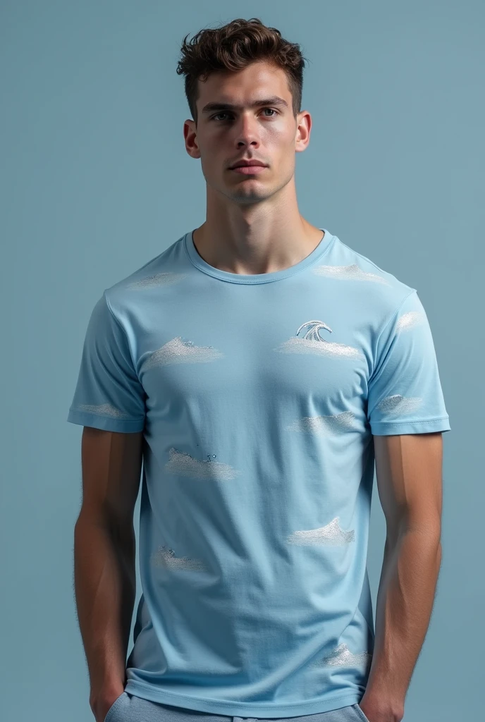 A male model wearing a skinfit sky-blue tshirtAdding Subtle Patterns: Use white or pale silver foam sheet to create subtle wave-like patterns on the T-shirt. These patterns should be gentle, flowing, and minimalist, representing the calm ripples found in the eye of a storm. You can use a stencil or freehand the design, focusing on areas like the sleeves, chest, and back.l. Avoid making the patterns too busy—keep it simple to maintain the serene theme.2. Incorporating Reflective Elements:Sequins or Beads: Add a few tiny sequins or beads in pale silver or white along the wave patterns or scattered lightly across the T-shirt. This will give the shirt a subtle shimmer, symbolizing the light that breaks through the clouds in the calm center of the storm.Metallic Thread: If you can sew, consider stitching a few lines with metallic silver thread to add a touch of shine. Focus on areas like the shoulders or around the neckline to draw attention without overwhelming the design.3. Enhancing the Edges:Hem Modifications: You can add a thin silver or white trim along the hem, sleeves, and neckline of the T-shirt. This will frame the shirt nicely and give it a more finished, polished look.Faux Layers: If you're comfortable with sewing, consider adding a lightweight layer of white or silver chiffon or organza underneath the T-shirt's hem. Let it peek out slightly to create a layered effect, which adds depth and visual interest.5. Final Touches:Fit and Finish: Ensure that the T-shirt fits well and isn’t too loose or tight. The clean fit will help maintain the sleek, calm look of the inner costume.Ironing: Before the show, iron the T-shirt to make sure it's smooth and free of wrinkles, ensuring it looks sharp and well-maintained during the transformation.
