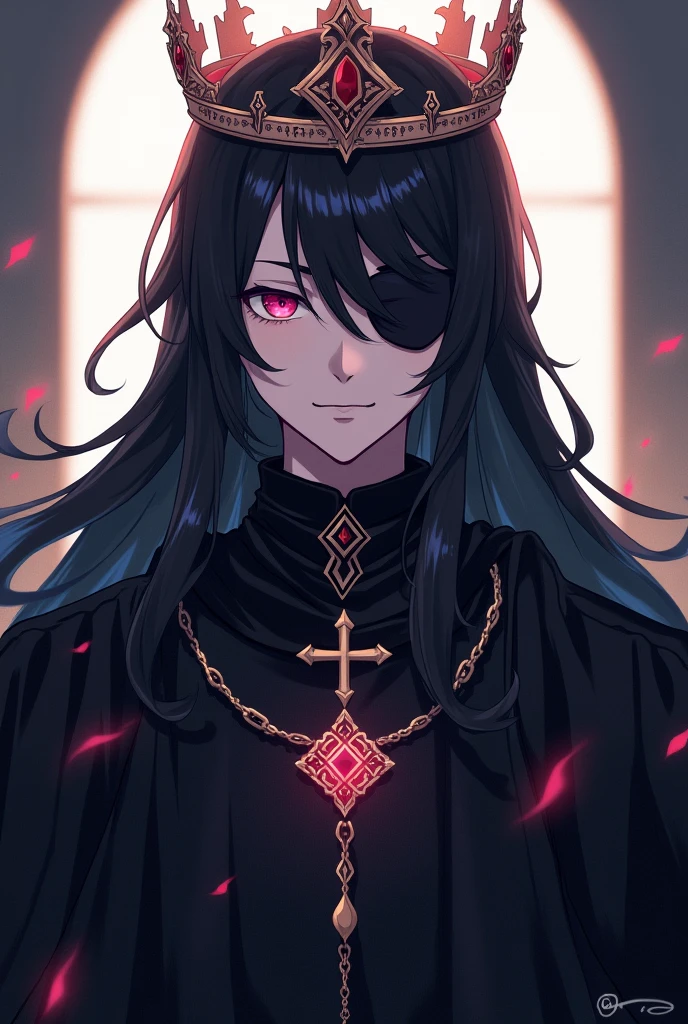 Young man in dark robe, priest, cross necklace, long black hair and pink eyes with a crown on her head in anime style, eye patch