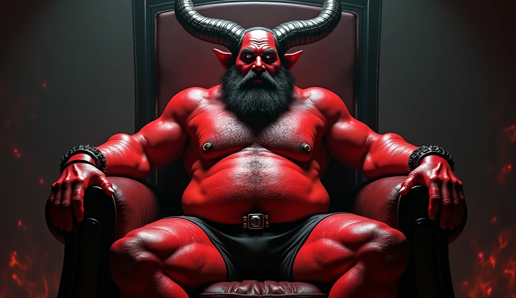 satan on his ruling throne, red skin, chubby, hairy, high resolution, ultra-detailed, sharp focus, detailed eyes, symmetrical eyes, expressive eyes, clear pupils, focused gaze , king's expression is intimidating with a sense of authority, solo, masterpiece, best quality, male, mature, manly, nipples, photorealistic, 8k, (wide dynamic range, hdr:1.2), sitting, (night:1.2), light, looking at viewer, pose, tight underwear with a realistic bulge in the front, emphasizing the natural shape, detailed fabric texture, soft shadows highlighting the contours ,full body, spread legs, shadow, leaning back, hell, very short fur, detailed skin texture, high contrast lighting, feet,