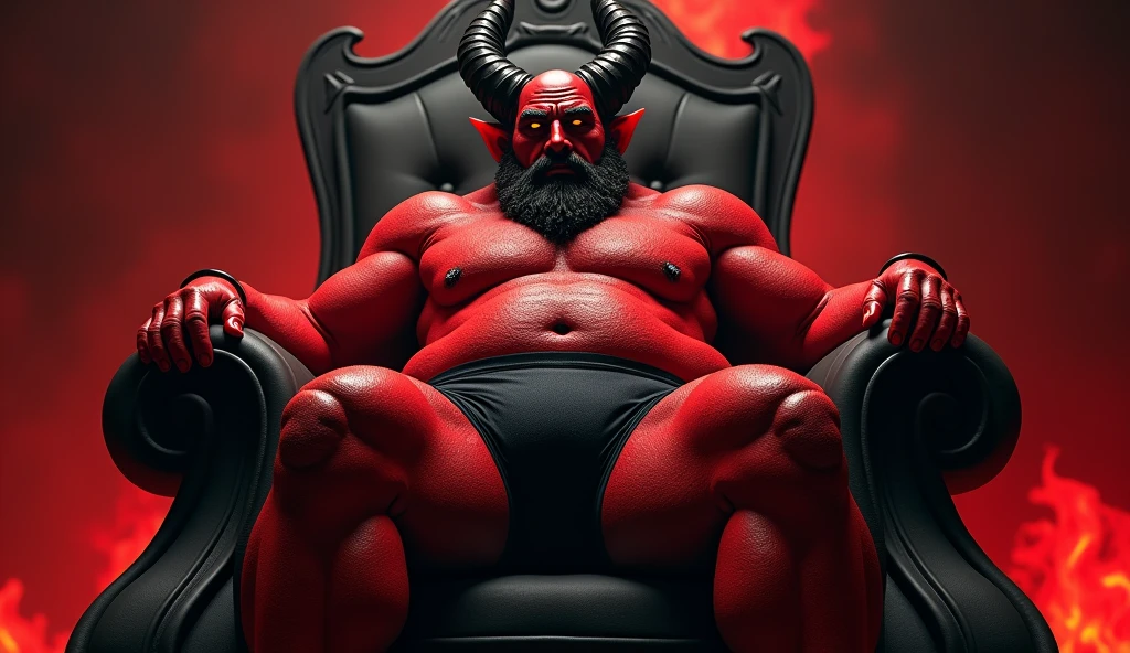 satan on his ruling throne, red skin, chubby, hairy, high resolution, ultra-detailed, sharp focus, detailed eyes, symmetrical eyes, expressive eyes, clear pupils, focused gaze , king's expression is intimidating with a sense of authority, solo, masterpiece, best quality, male, mature, manly, nipples, photorealistic, 8k, (wide dynamic range, hdr:1.2), sitting, (night:1.2), light, looking at viewer, pose, tight underwear with a realistic bulge in the front, emphasizing the natural shape, detailed fabric texture, soft shadows highlighting the contours ,full body, spread legs, shadow, leaning back, hell, very short fur, detailed skin texture, high contrast lighting, feet,