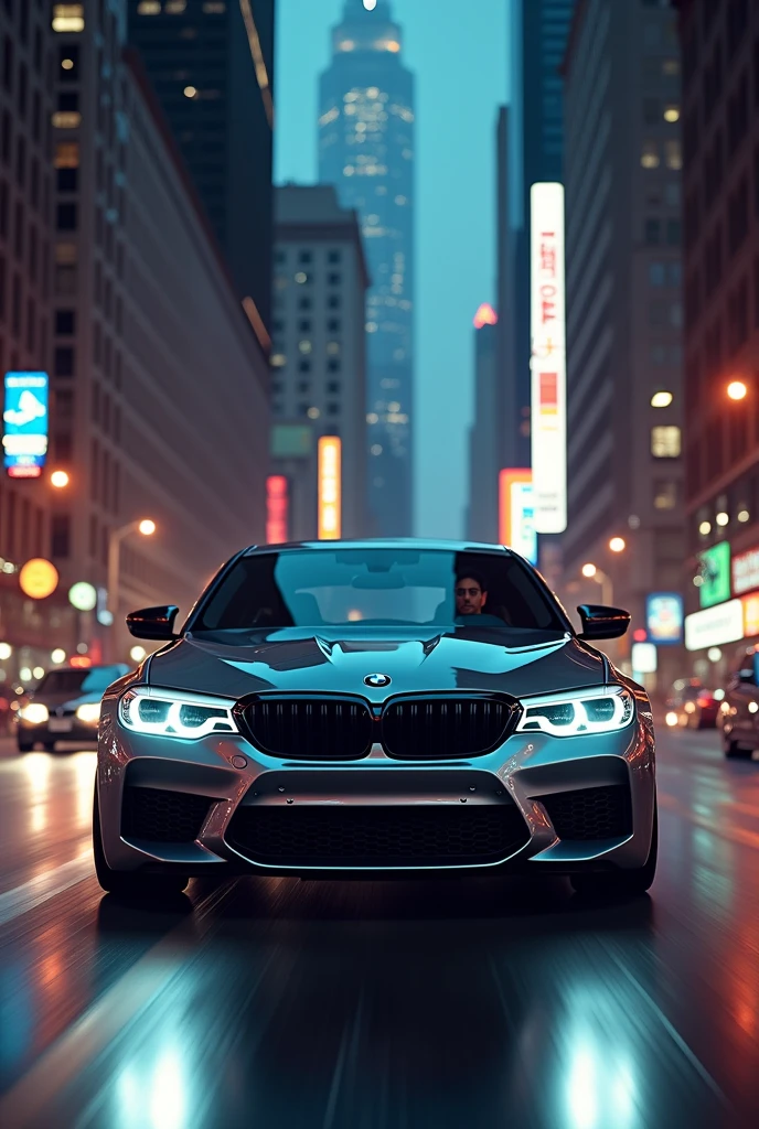 BMW m5 competition in night of New York State skyscraper