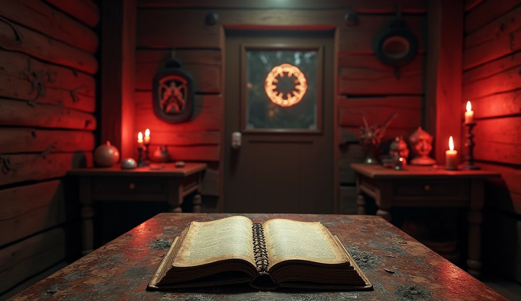 The interior of the cabin with strange symbols drawn on the walls, remains of candles and other ritual items. At the center, an open diary on a dusty old table. Red lighting should give a sinister tone to the environment..