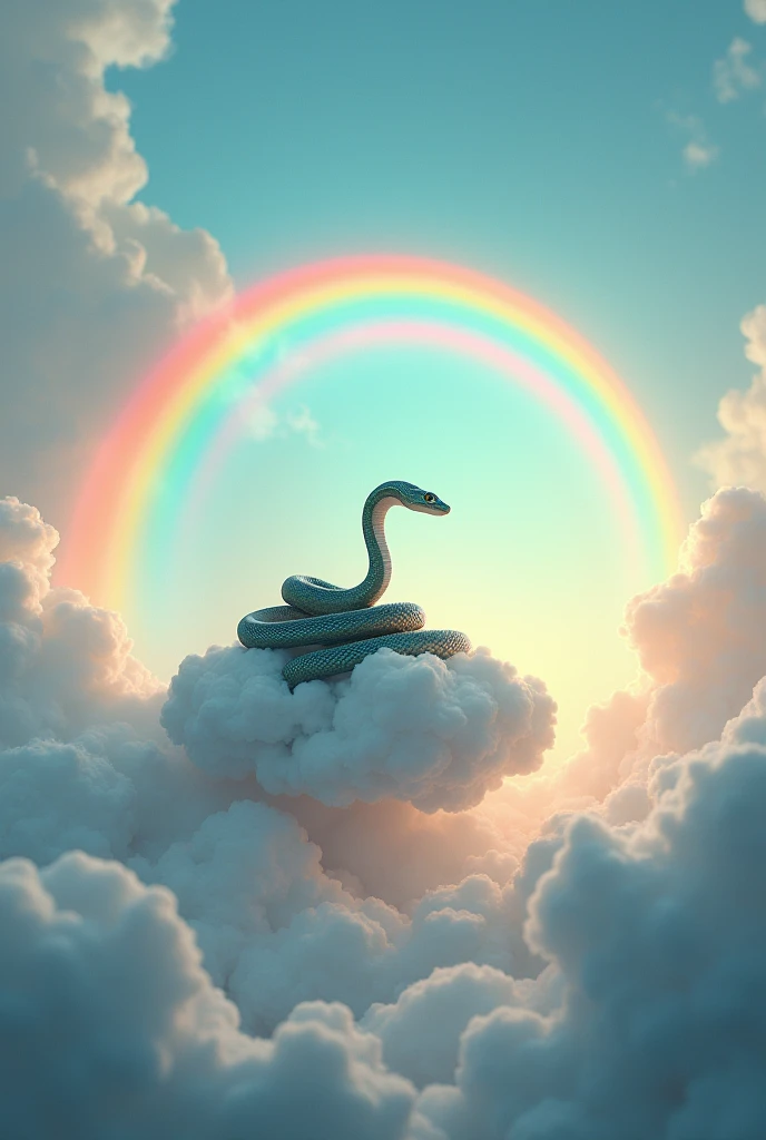 A snake is on a cloud with a rainbow around it.