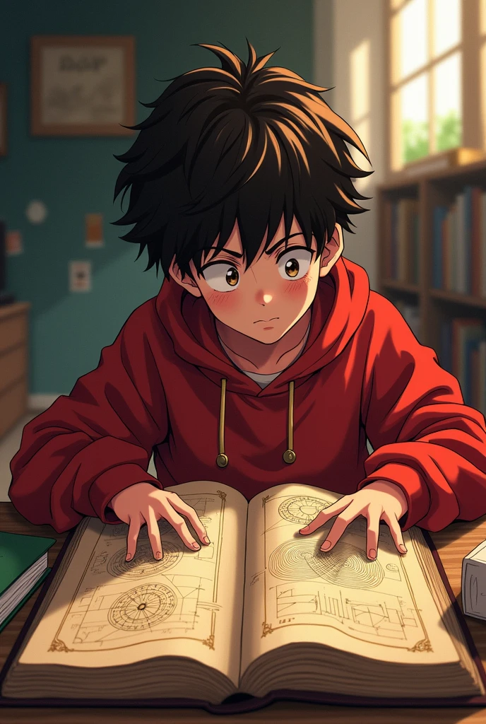 scene: Leonardo, a brown-haired boy in a red sweatshirt, examines an old book on geometry, with drawings of perfect figures like circles, triangles and spirals while looking pensive, All this with a boku no hero academia style