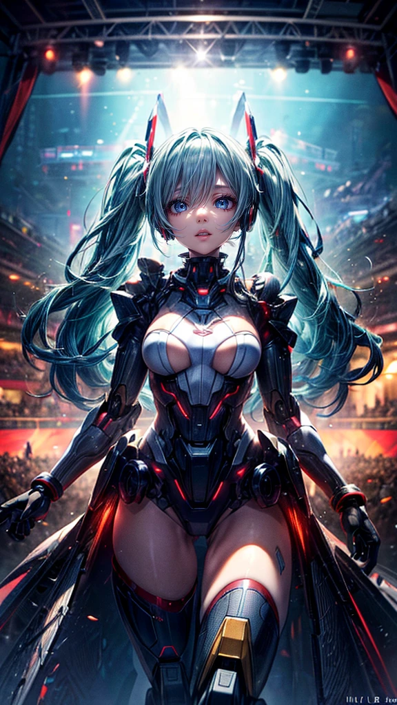 High resolution, Winner of numerous awards, Ultra high definition, Textured skin, retina, 
masterpiece,(bestquality),highlydetailed,ultra-detailed,1girl, （A composition where a girl with giant roboT 1.4）（roboT）(,natural lighting:1.5,confidentexpression),(panorama:1.2),mecha, smile,angle、chrome,raw（Hatsune Miku:1.5）Green hair twintails.(マイクを持って🎤熱唱する、smile:1.5)(LIVE Stage:1.5)(A large crowd:1.5)(headset:1.2)