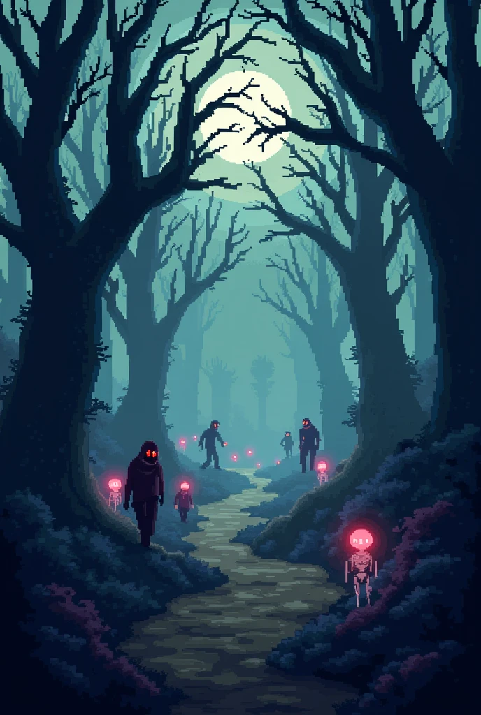 A forest full of ghosts, zombies and skeletons in a pixel art style art for games