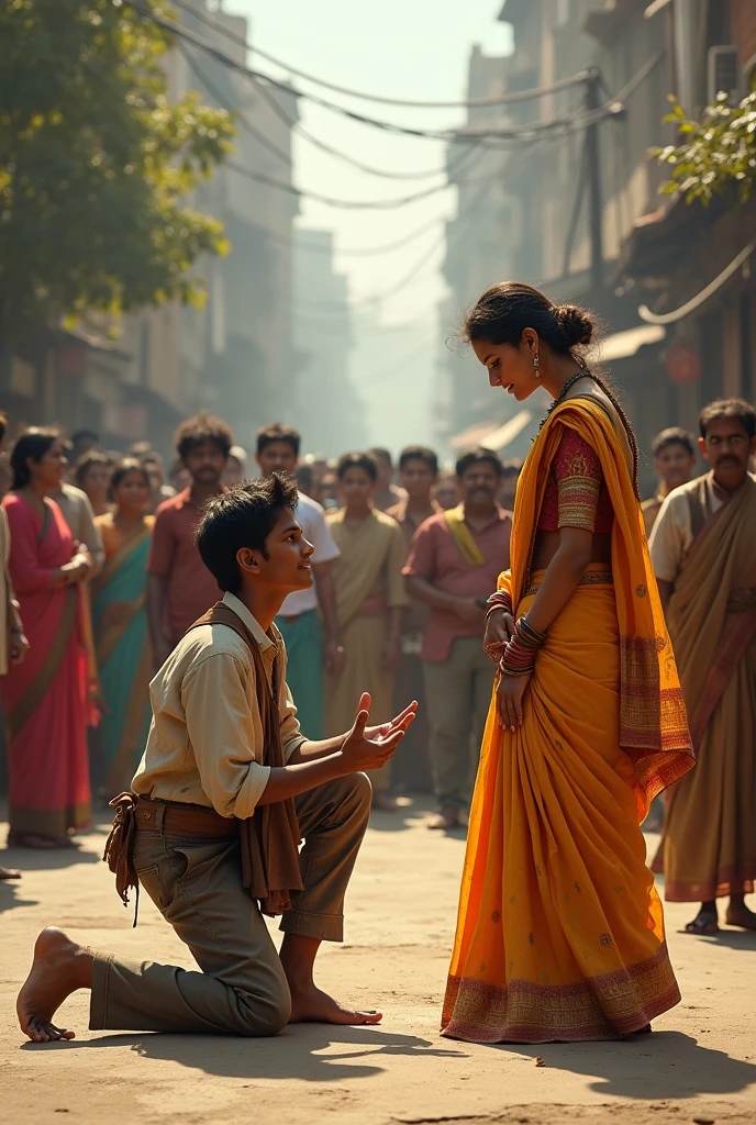 An unclean boy is proposing to a beautiful Indian woman in the middle of the street in front of many people, the dress is dirty