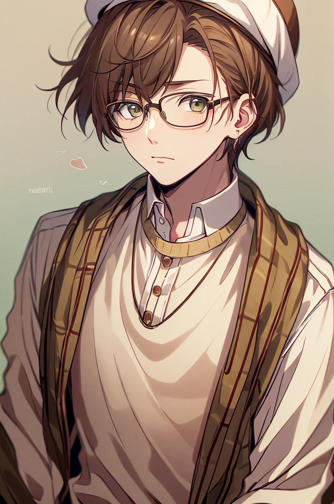 ((8k, masterpiece, high quality)) ((perfect face)) bust, magazine cover, 1boy, afternoon setting, warm colors, cute boy, young boy, wavy brown hair, green eyes, beige beret, round glasses, journalist, white shirt and brown knitted vest, looking up with curiosity, brown hair, simple background