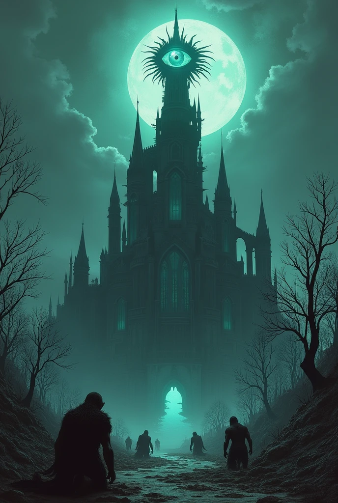 a landscape view of a huge dark evil imposing castle with some orcs bowing their heads to the castle at the bottom, there is an evil magic eye above the castle, surrounded by dead nature