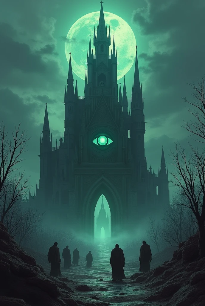 a landscape view of a huge dark evil imposing castle with some orcs bowing their heads to the castle at the bottom, there is an evil magic eye above the castle, surrounded by dead nature