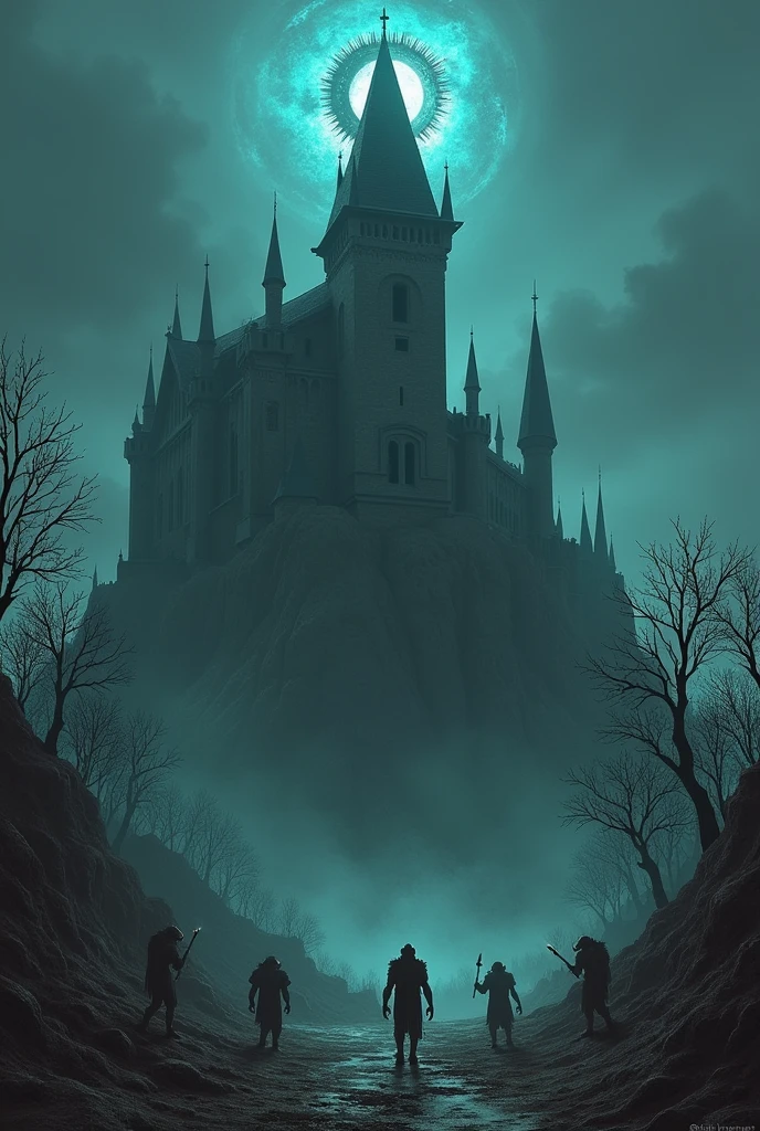 a landscape view of a huge dark evil imposing castle with some orcs bowing their heads to the castle at the bottom, there is an evil magic eye above the castle, surrounded by dead nature