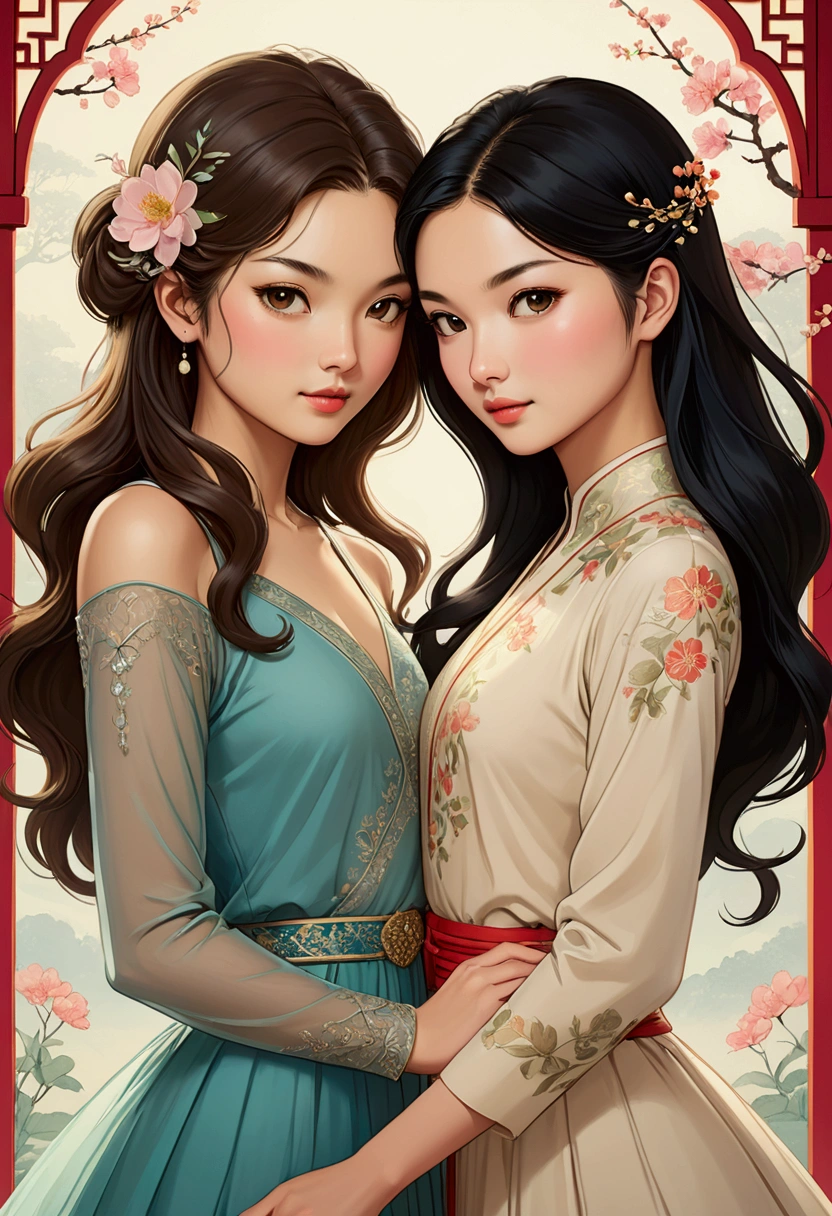 Two beautiful women in love, both dressed elegantly in a tender attitude towards each other, Sarah Kay style, one British, with semi-short light brown hair, and the other woman with delicate Asian features, with long black hair.